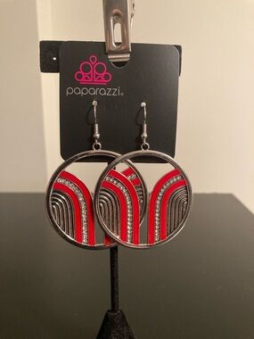 Paparazzi Red and Silver Retro Arch Hoop Earrings